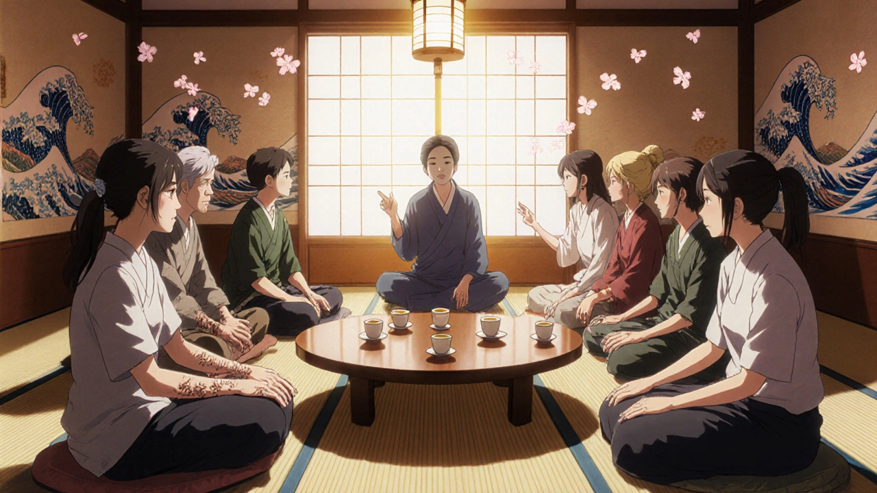 A diverse group in a tatami room shares a therapy session, each person showing a visible scar.