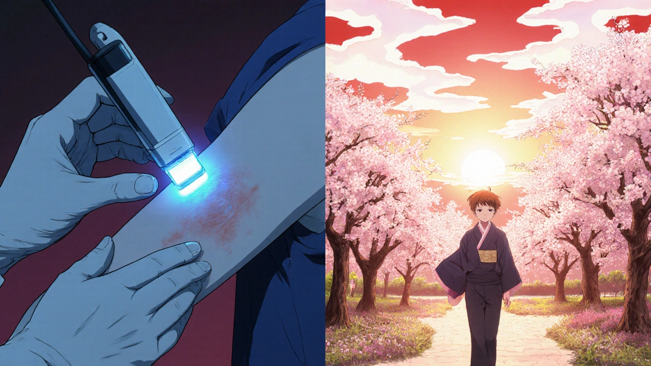 A split scene shows scar laser treatment on one side and a confident walk among cherry blossoms on the other.