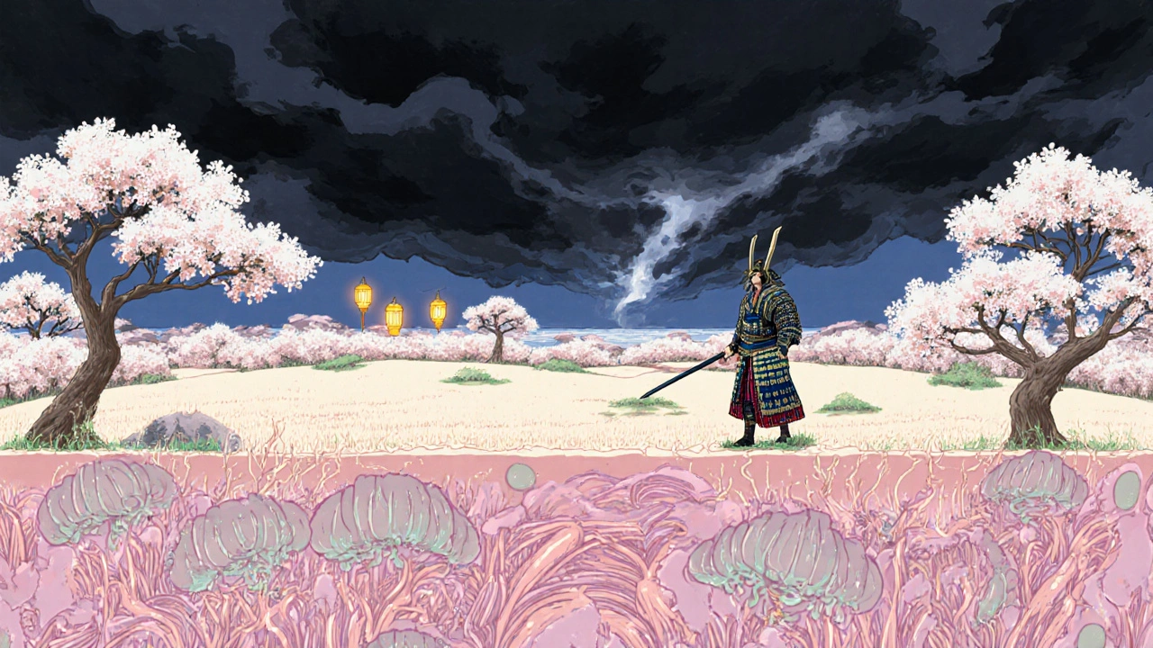 A surreal scalp landscape with healthy follicles blooming like cherry trees, guarded by a warrior against DHT shadows.