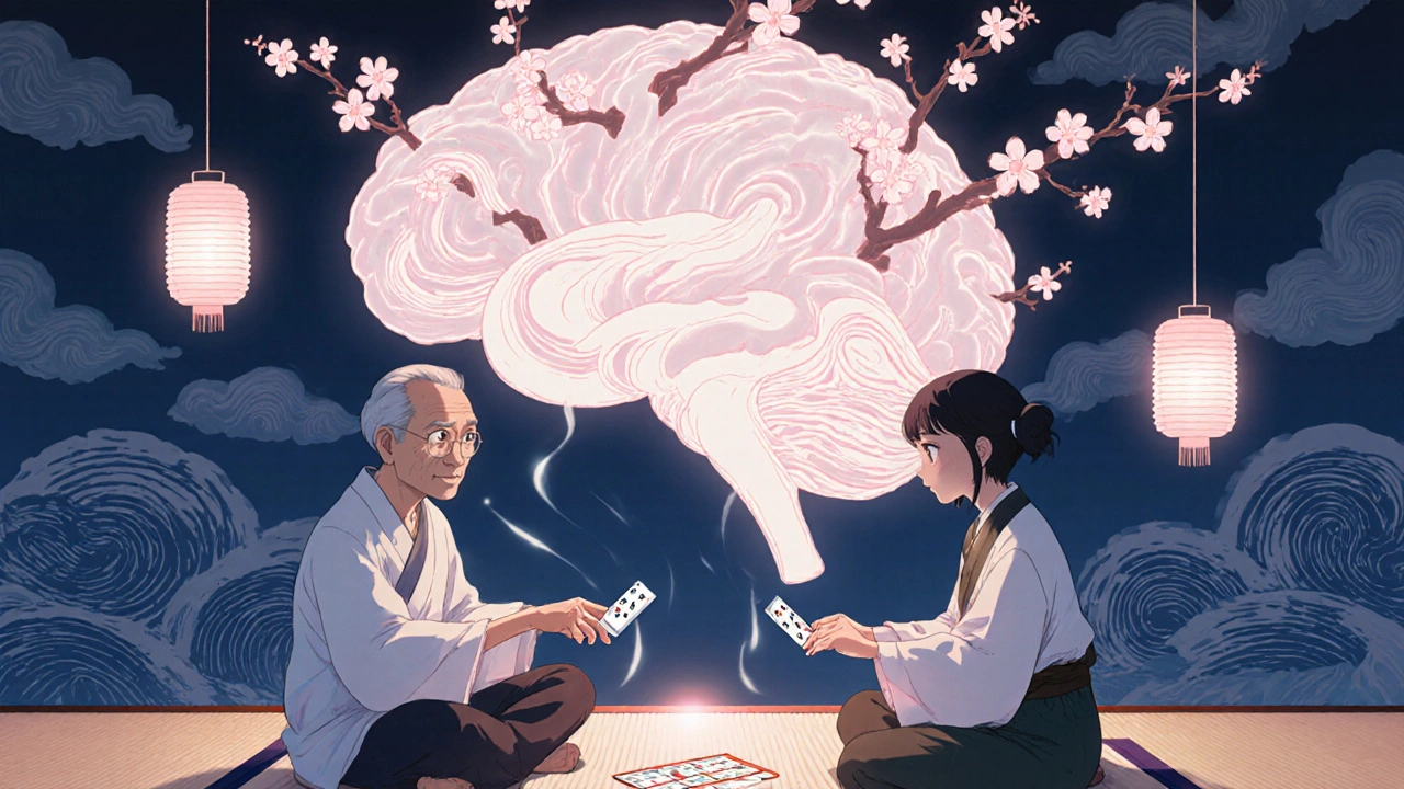 Anime scene shows blooming sakura brain and two people playing a memory game at sunset.
