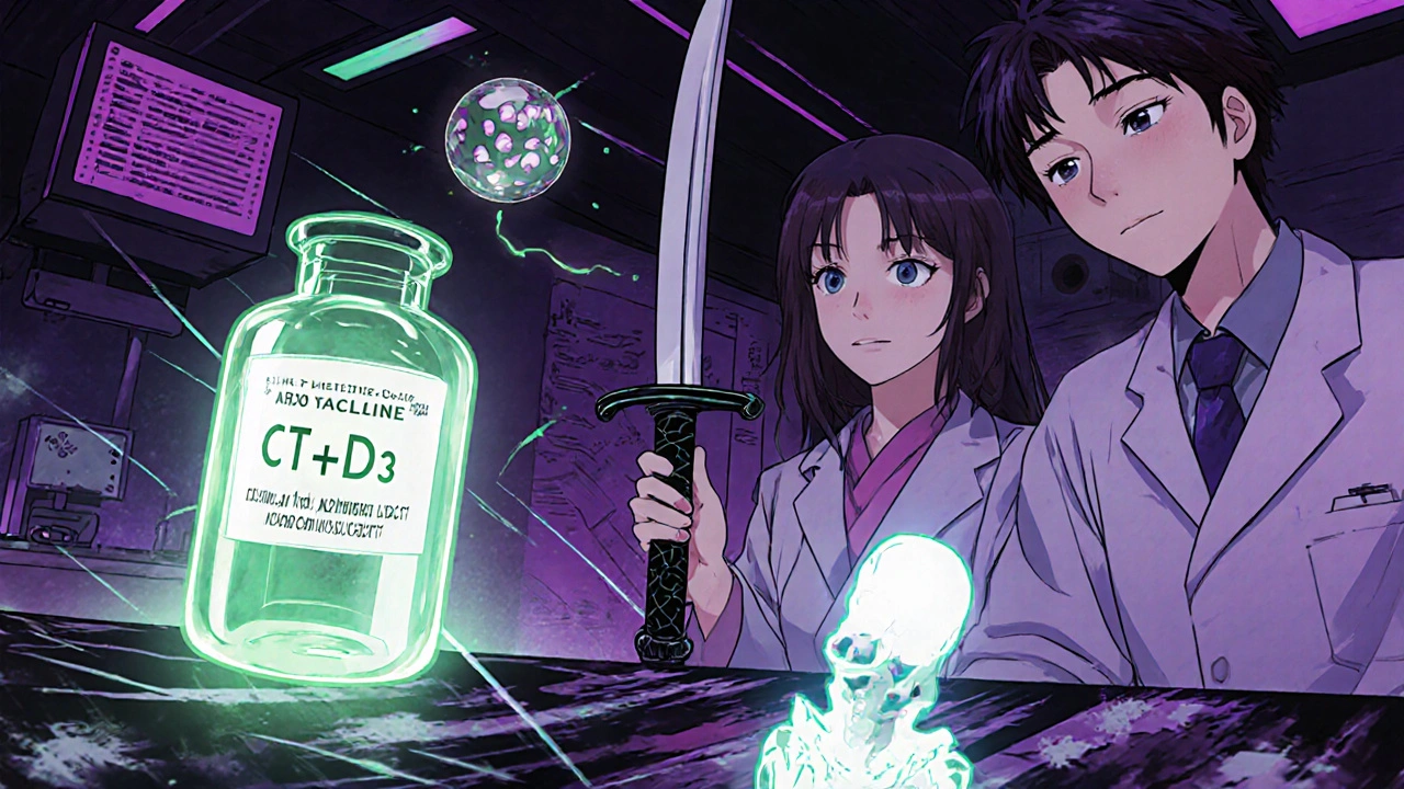 Anime scientists view peptide analog, antibody sword, and AAV vector targeting bone nanocarrier.