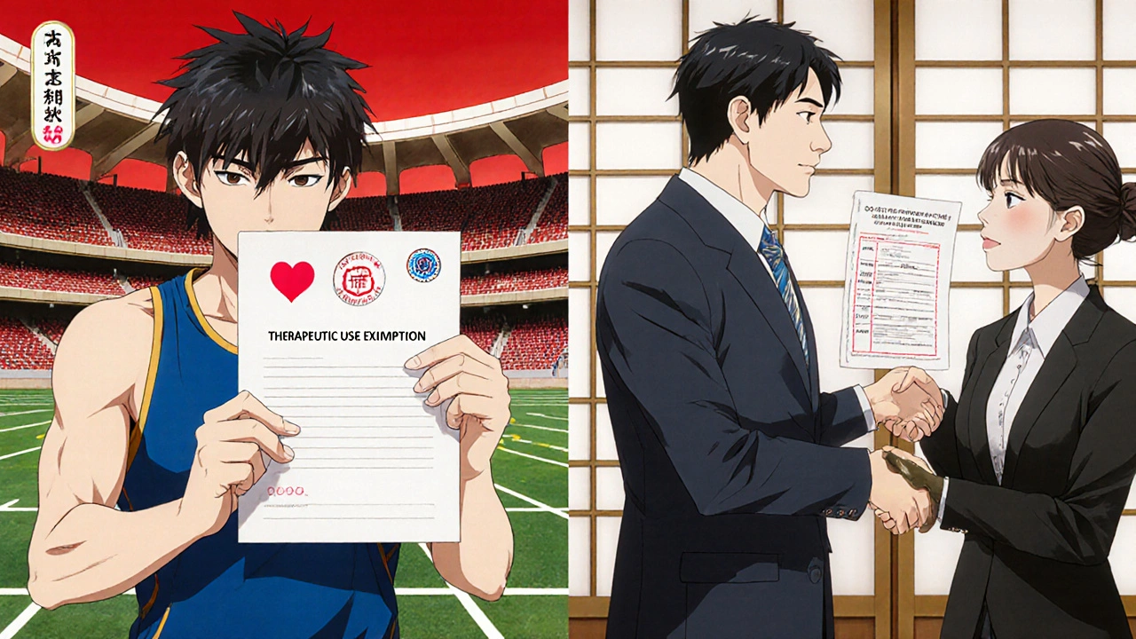 Athlete with a Therapeutic Use Exemption document and job applicant showing prescription note.