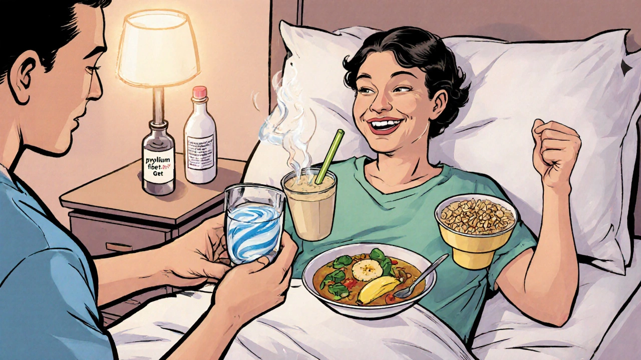 Caregiver hero serving psyllium drink, oatmeal, banana smoothie, and soup to a recovering patient.