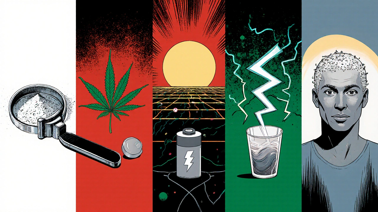 Comic‑style panels showing drugs causing vascular and hormonal effects on sexual health.