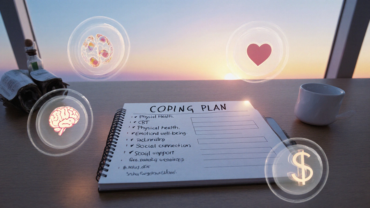 Coping plan workspace with icons for therapy, medication, finance under a hopeful sunrise.