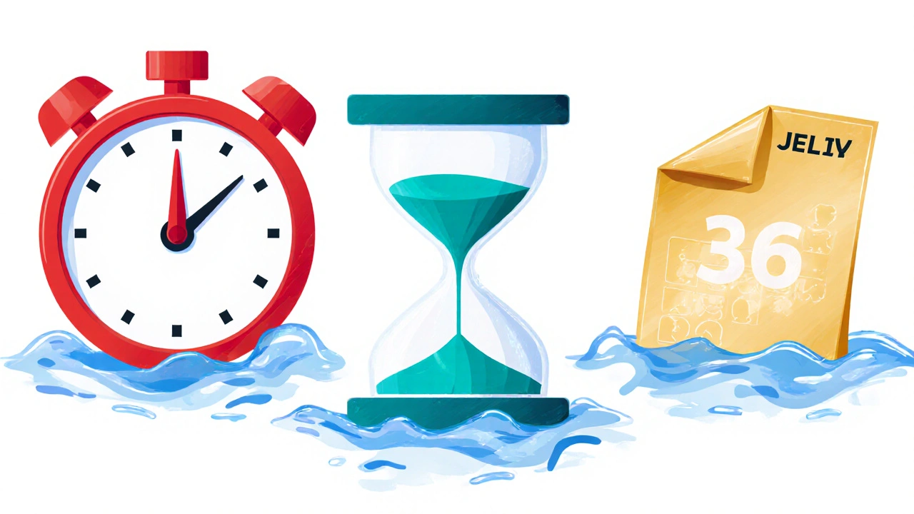 Digital illustration of three symbols showing fast onset, moderate duration, and long‑lasting effect.