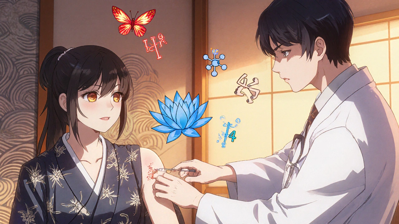 Doctor giving an allergy shot while visualizing IgE to IgG4 shift in ukiyo-e anime style.