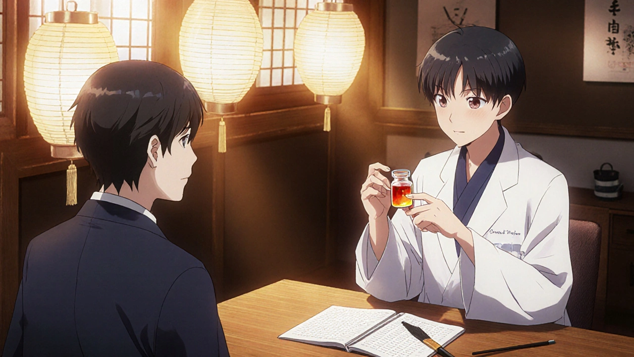 Doctor holding a blood vial while discussing labs with a patient in a Japanese‑style office.