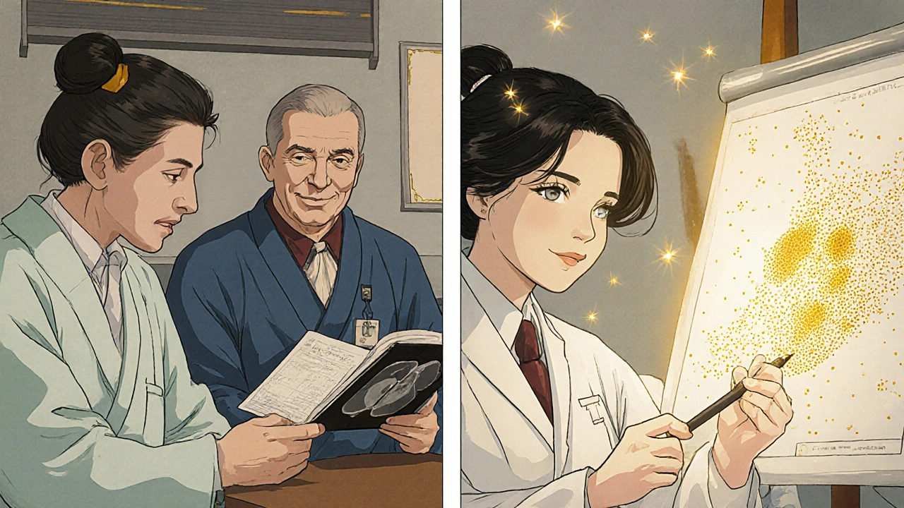 Dual-panel medical consultation with data points floating like fireflies, rendered in ukiyo-e anime style.