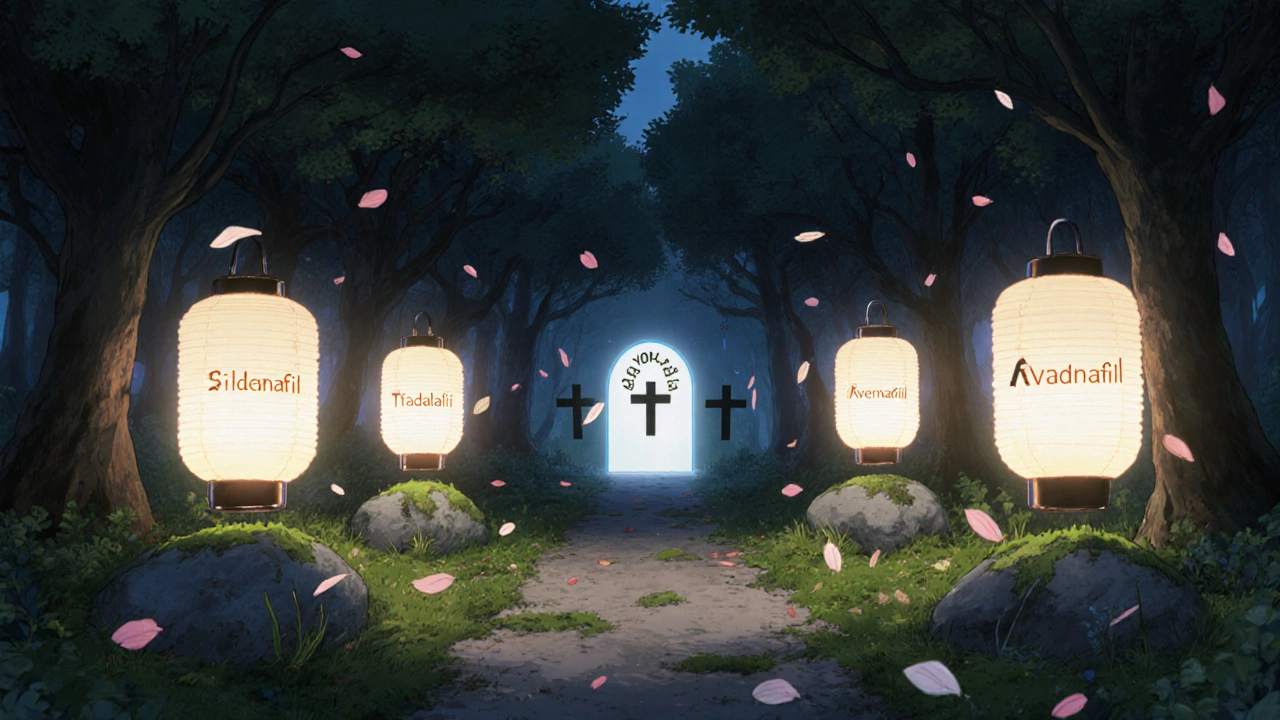 Four glowing labeled lanterns float along a forest path toward a distant door.