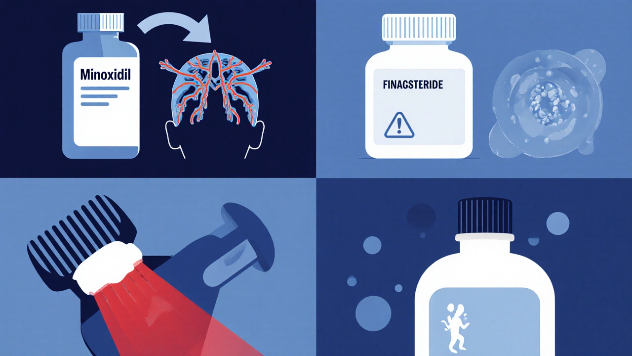 Four-part illustration showing Minoxidil bottle, Finasteride pills, laser comb, and shampoo with visual cues.