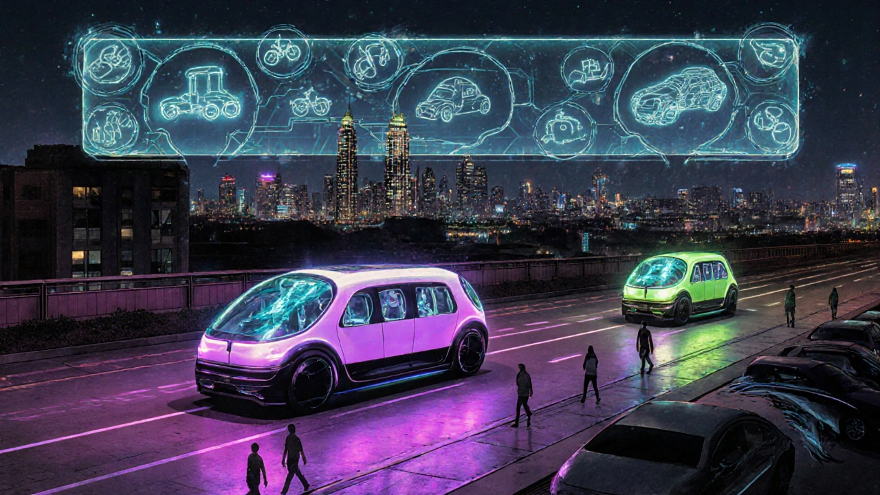 Futuristic 2030 city with autonomous shared pods, glowing lanes, and AI traffic hologram.