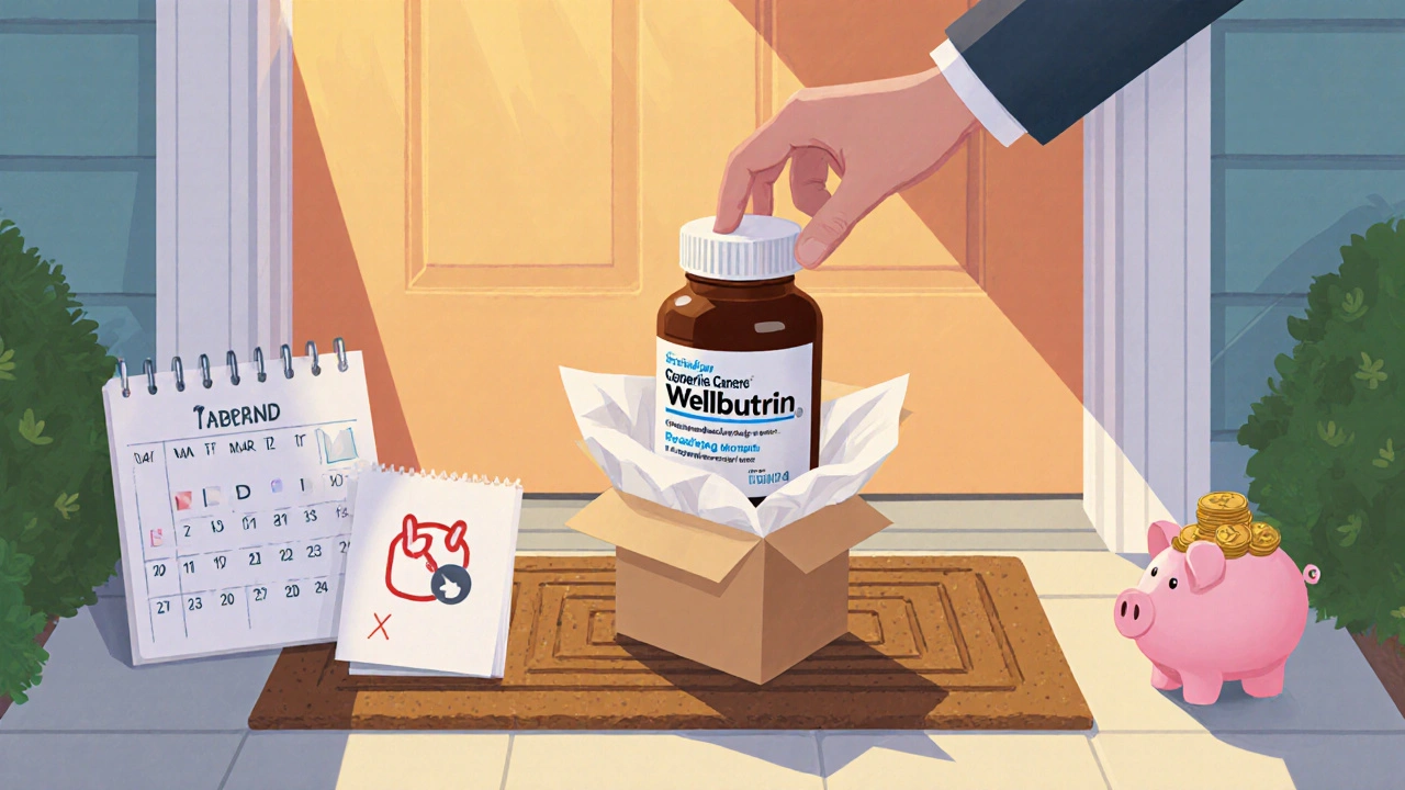 Hand opening a delivery box with a bottle of generic Wellbutrin, calendar and piggy bank nearby.