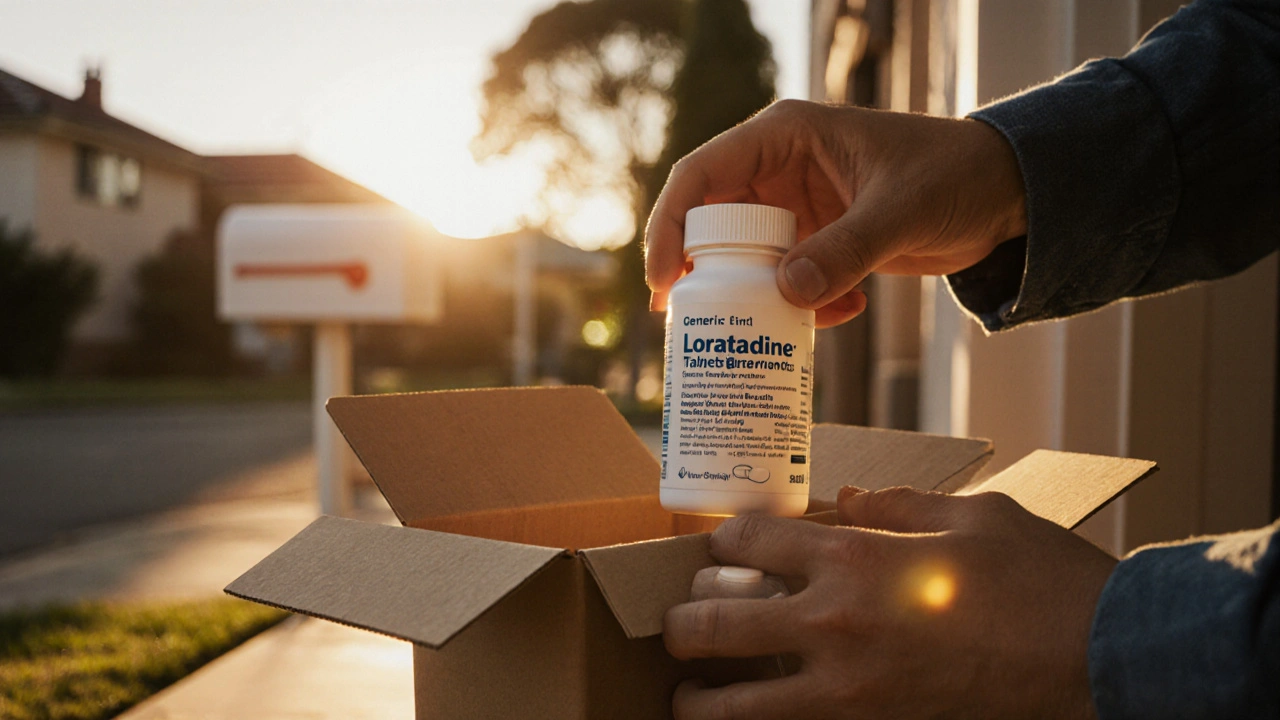 Hands opening a package to reveal a bottle of generic loratadine tablets.