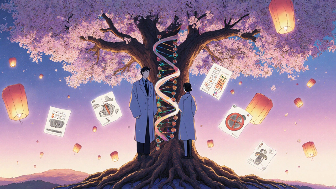 Healthcare team under a plum tree with DNA roots, symbols of monitoring drifting like paper lanterns.