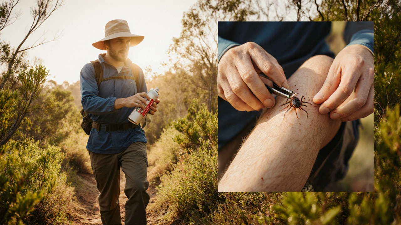Hiker wearing protective clothing, applying repellent and checking for ticks.