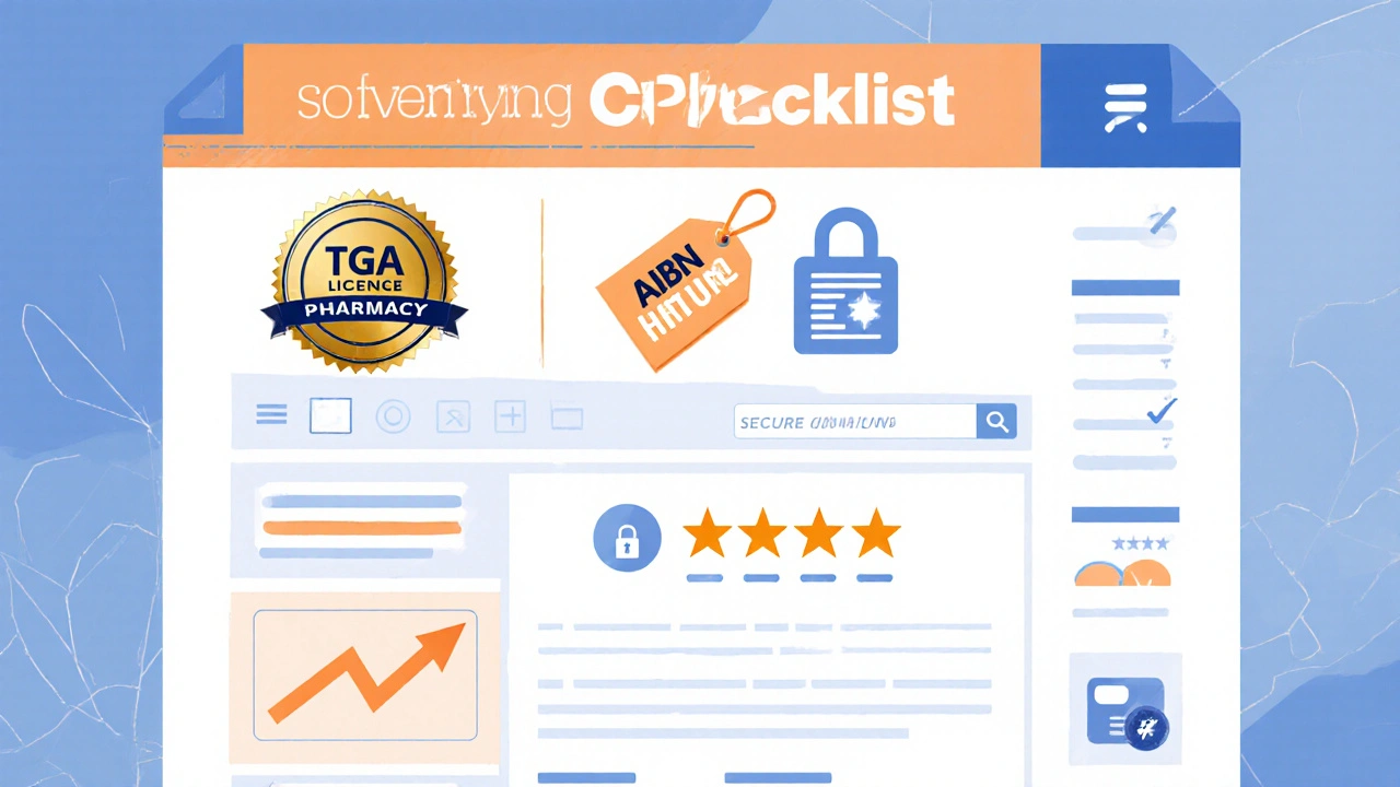 Illustrated checklist of trust signs for online pharmacies.