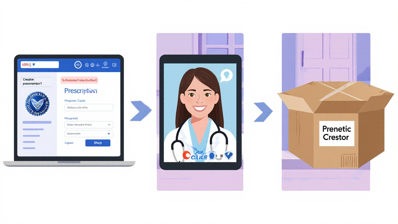 Illustration of online pharmacy steps: VIPPS site, telehealth video, discreet delivery box.