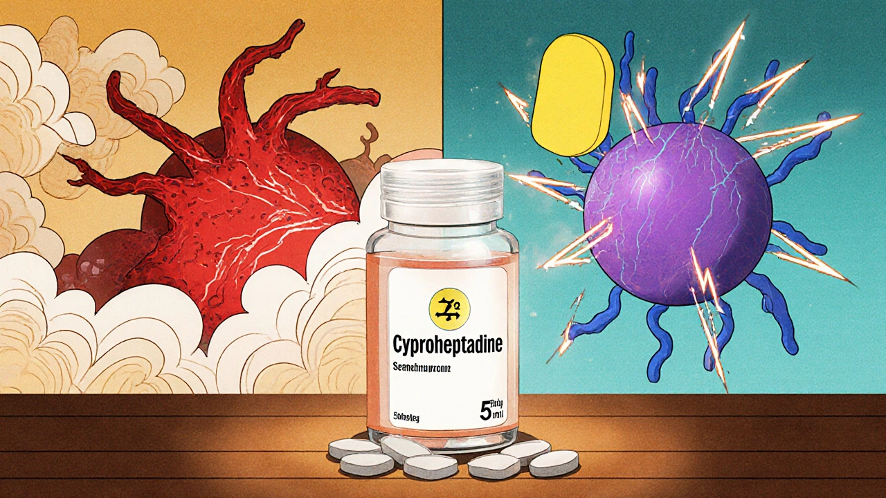 Illustration showing Cyproheptanol blocking histamine and serotonin pathways with a pill bottle.
