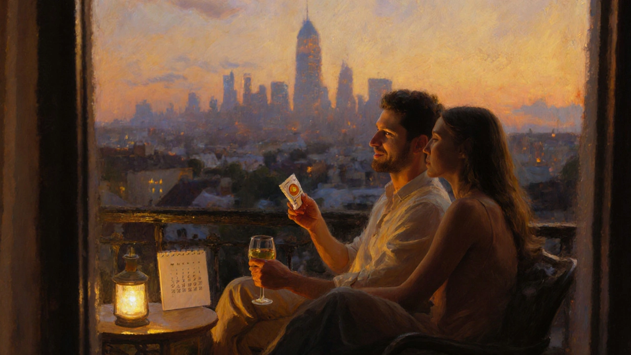 Impressionistic balcony scene of a couple enjoying a relaxed evening together.