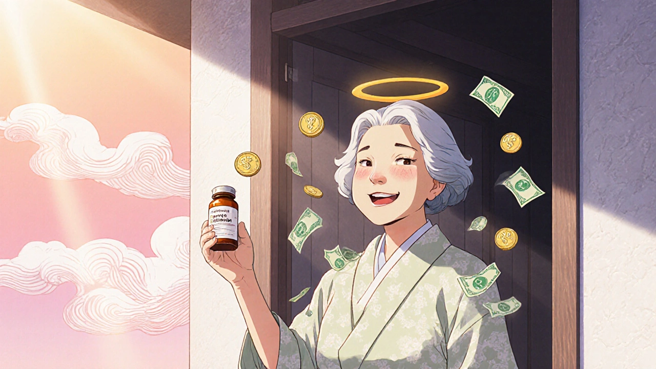 Jane smiling while holding low‑cost medication, with floating coins representing savings.