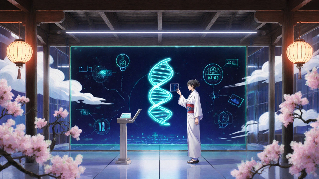 Laboratory scene with DNA test hologram and AI analysis for drug safety.