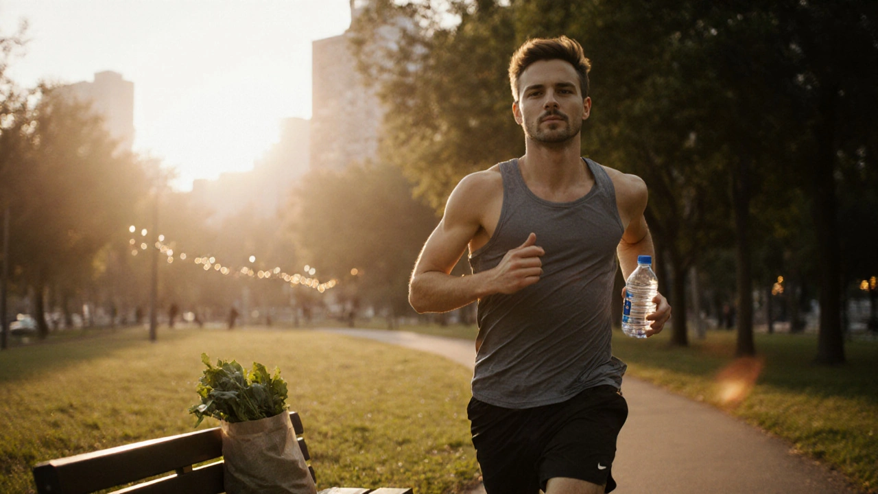 Man jogging at sunrise with water bottle and greens, symbolizing recovery.