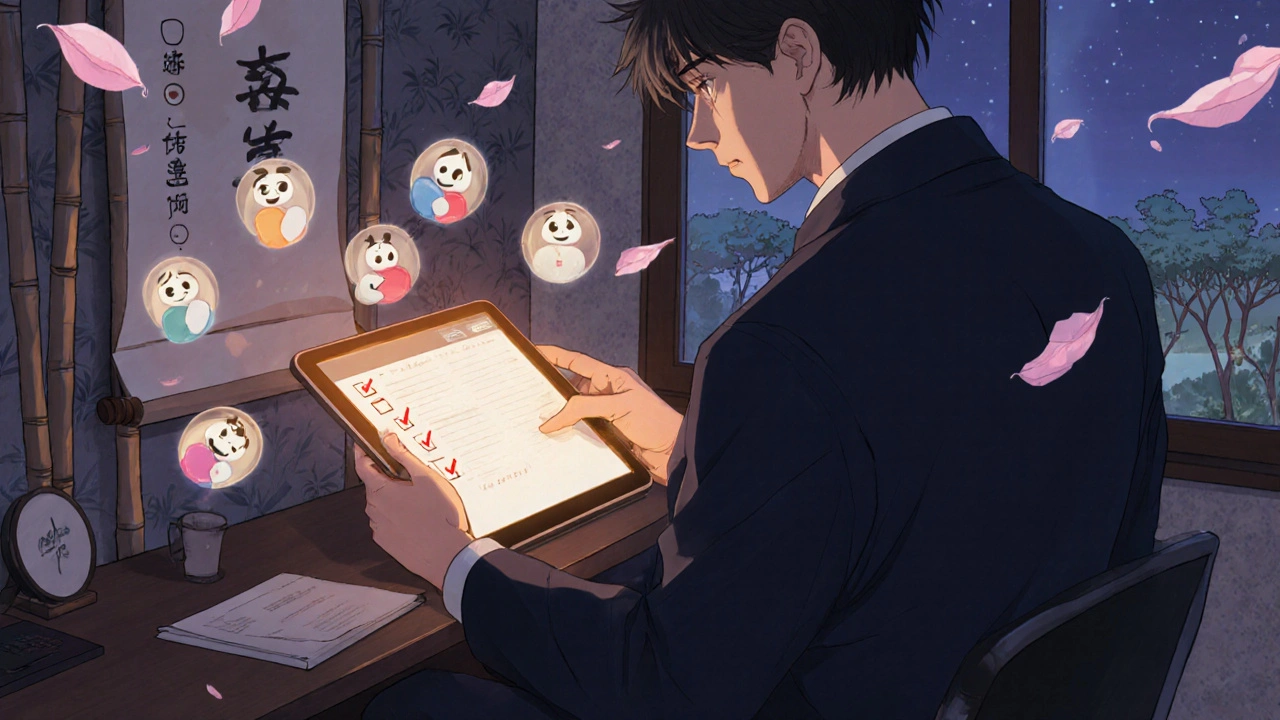Man reviewing a tablet with floating pill icons and a checklist, surrounded by cherry blossoms.