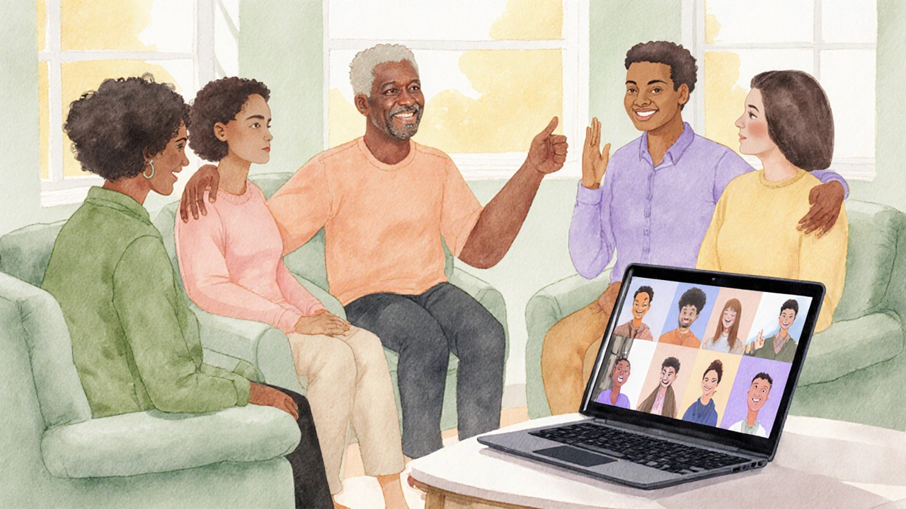 Mixed in-person and virtual support group sharing smiles in a cozy room.