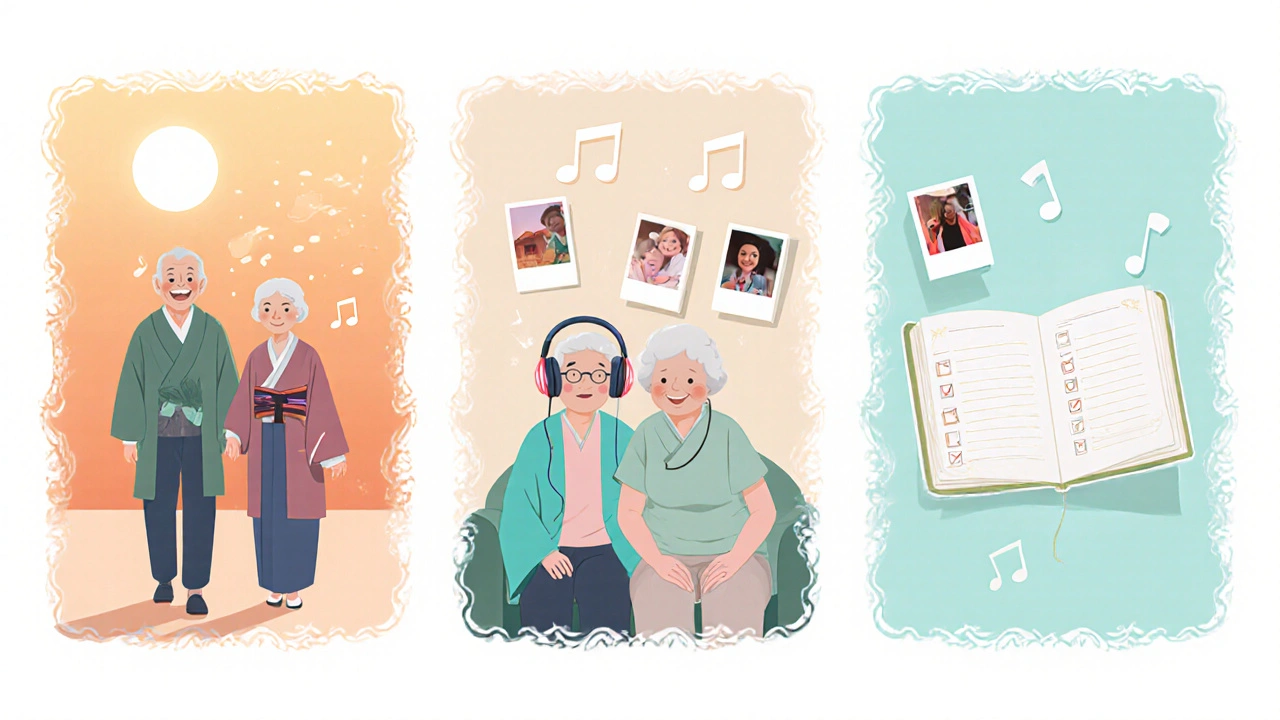 Montage of daily cognitive activities: walk, music listening, reminiscence, and progress log.