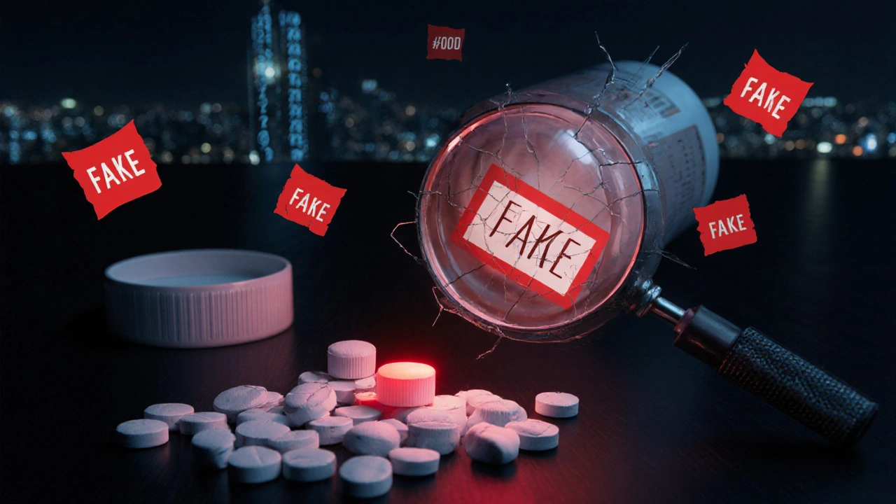 Moody scene showing cracked pill bottle, red warning pill, magnifying glass indicating counterfeit meds.