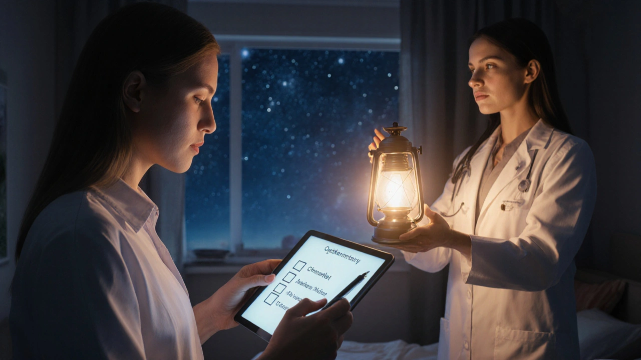 Patient checking a digital list at night while a doctor offers supportive eye care.