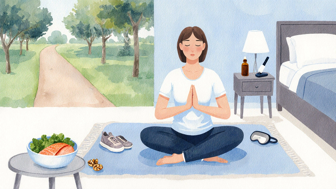Patient practicing breathing, exercise gear, healthy foods, eye drops, and tonometer in a calm setting.