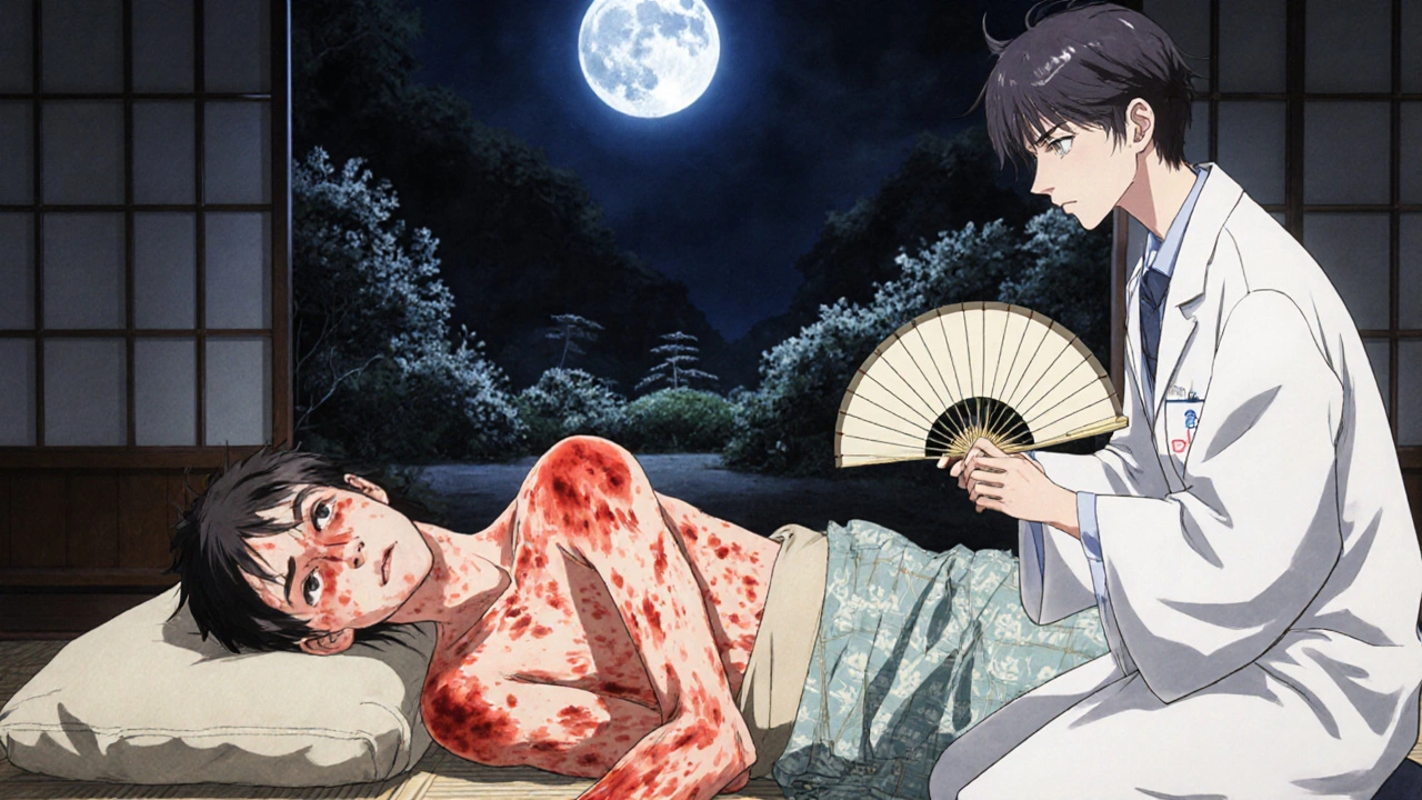 Patient with severe skin eruption and a caring doctor in a traditional Japanese room.