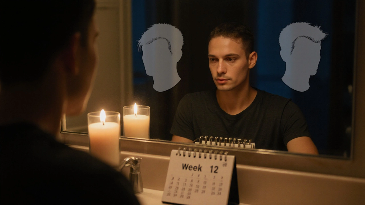 Person looking at mirror with reflected silhouettes of hair thickness at week 12.