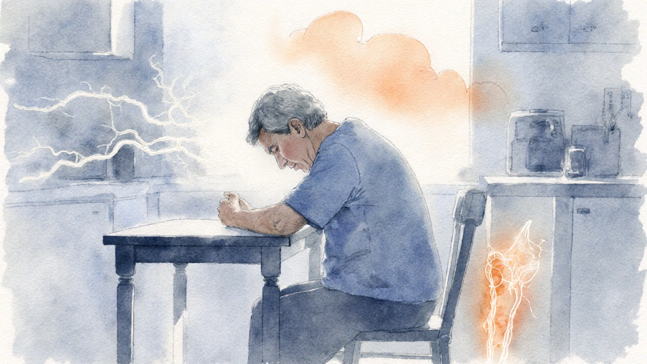 Person showing fatigue, joint pain, and brain fog with nerve and aura illustrations.