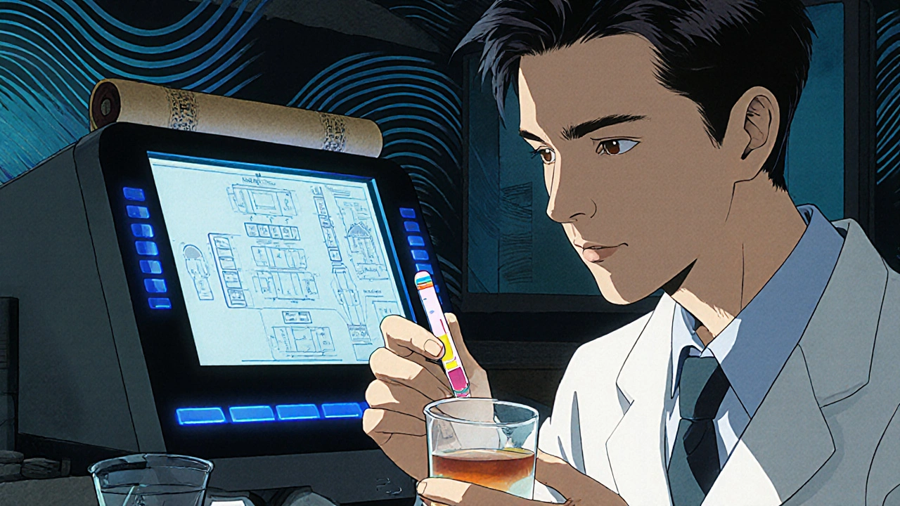 Scientist examining a urine dip‑stick next to an LC‑MS/MS machine in a lab.