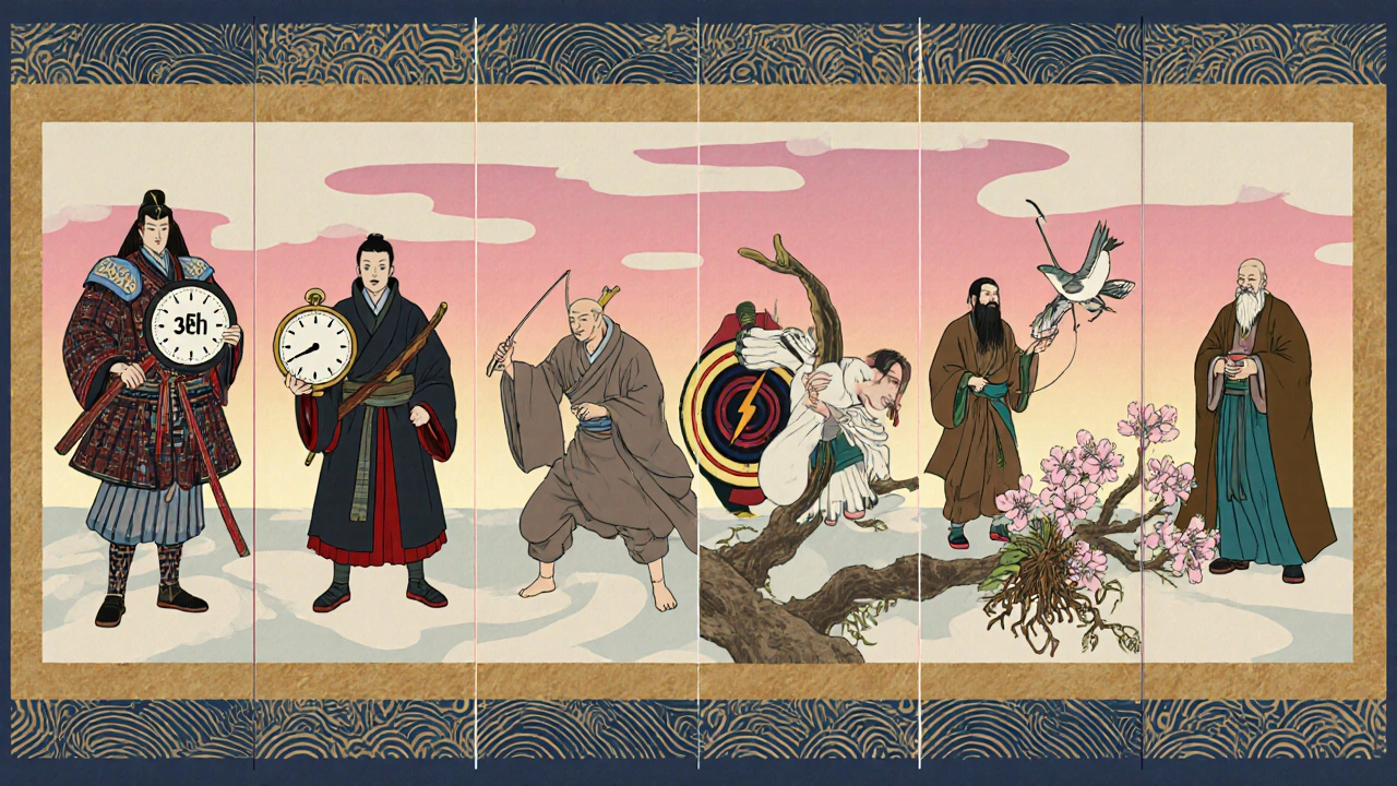 Scroll shows stylized characters representing different ED pills with icons.