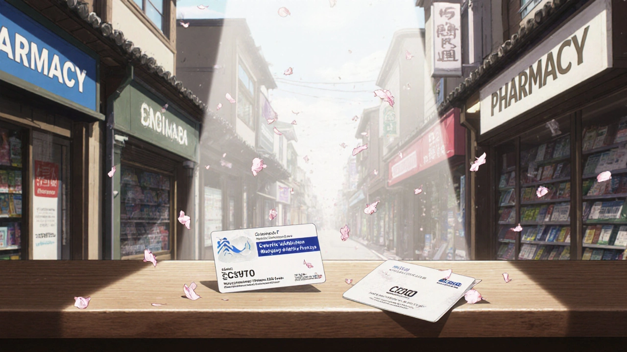 Side view of pharmacy price tags and insurance cards illustrating cost comparison.