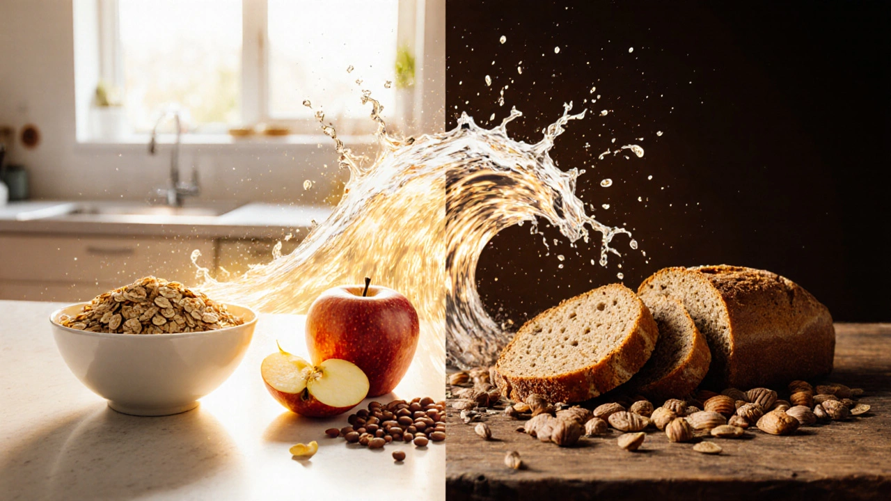 Split panel showing soluble fiber foods with gel aura and insoluble fiber foods with bulk aura.