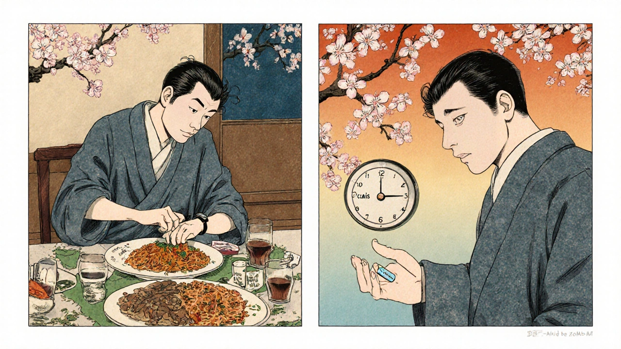 Split scene comparing timing of ED medications with dinner and clock motifs.