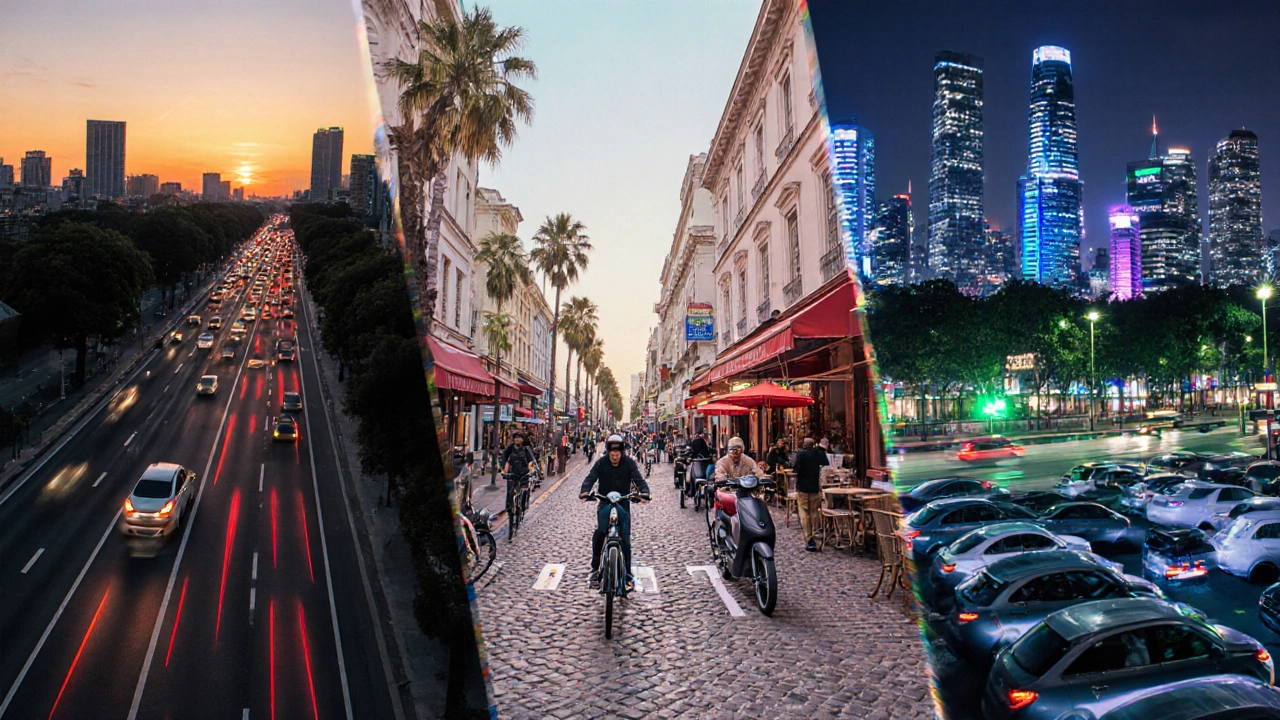 Three city panels showing reduced traffic in LA, bike‑share in Paris, and car‑sharing fleet in Singapore.