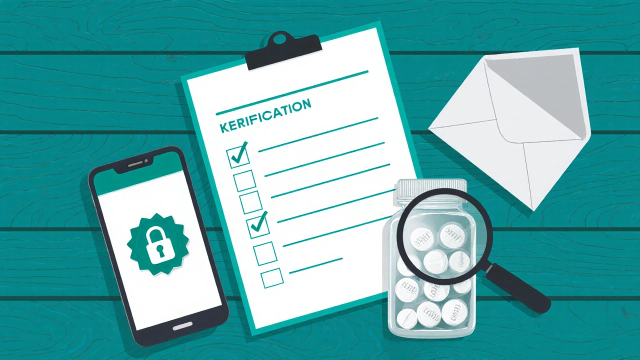 Top‑down view of a checklist, phone with verification badge, and bottle of generic pills.