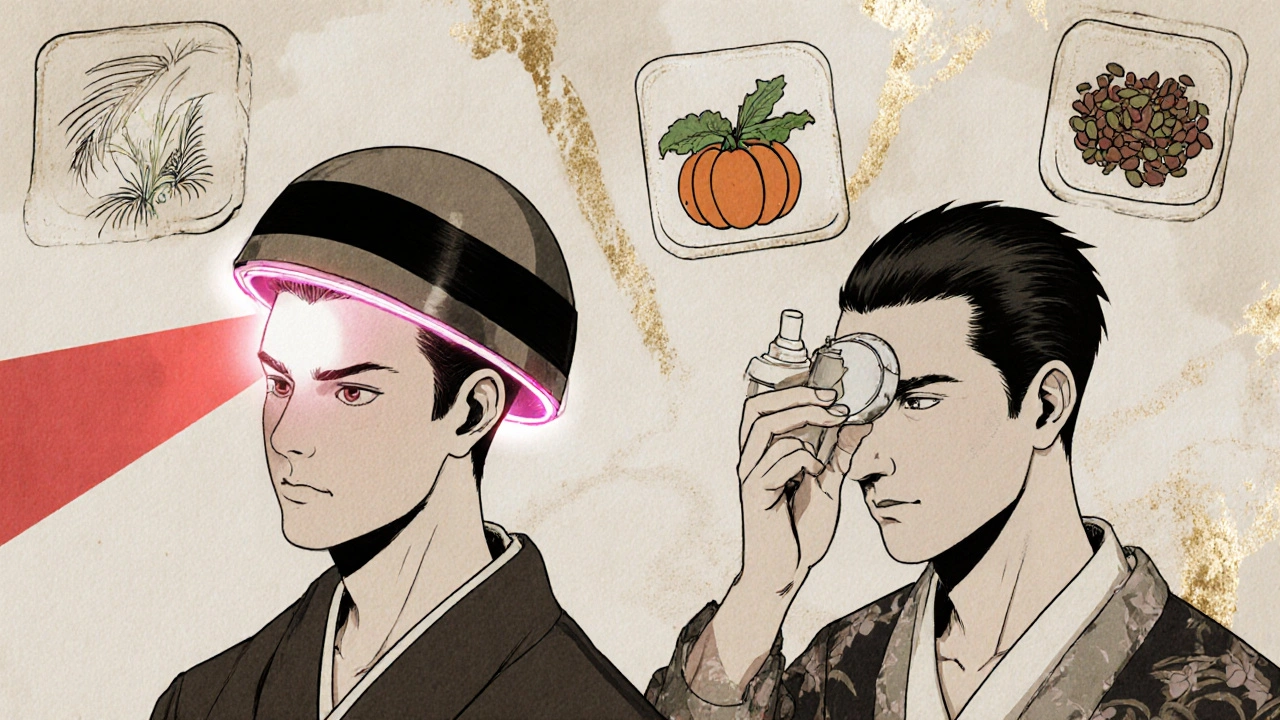 Two men using different hair loss therapies, surrounded by symbolic natural and technological remedies in traditional Japanese art style.