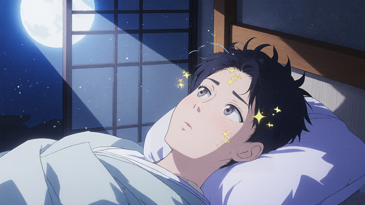 Young adult lying awake at night, showing headache aura under moonlight.