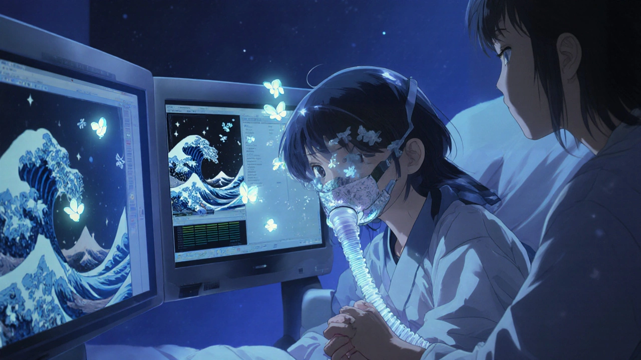 A child wears a floral-patterned CPAP mask as oxygen levels rise like fireflies in a calm, moonlit sleep study room.