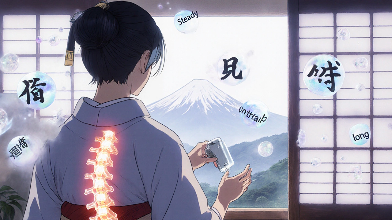 A doctor helping a patient with spinal injury, symbolizing baclofen’s steady, long-term effect with glowing receptors.