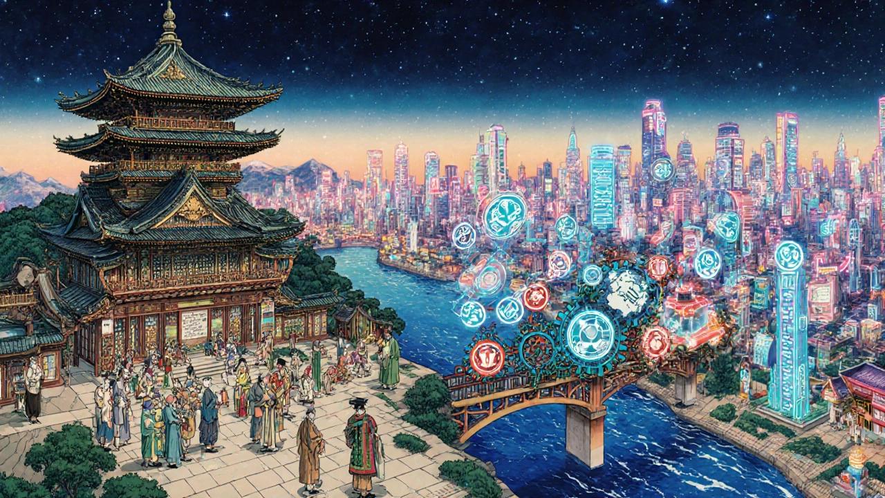 A fusion of a registry temple and claims data city connected by AI gears, illustrating the powerful hybrid approach to drug safety.