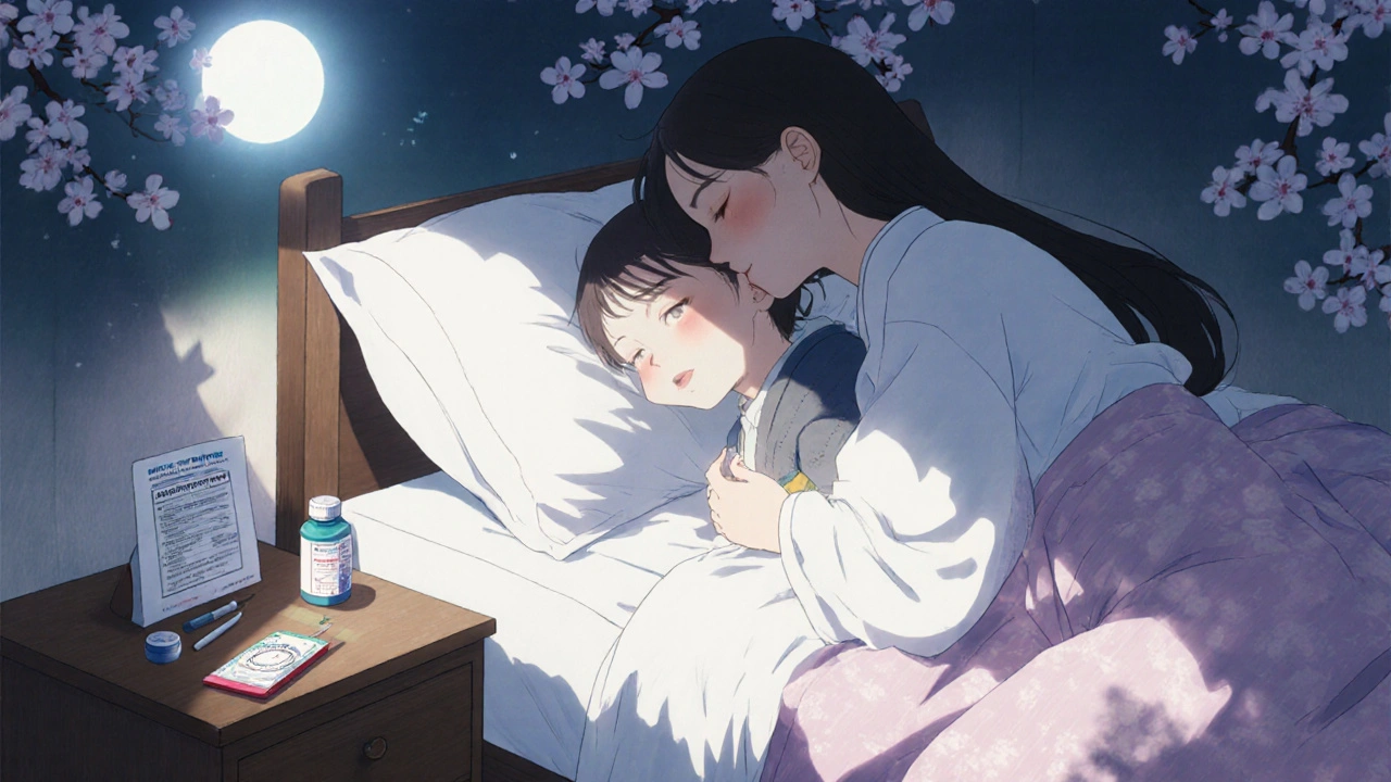 A mother watches her sleeping child at night, with pain relief meds and a prescription on the nightstand.