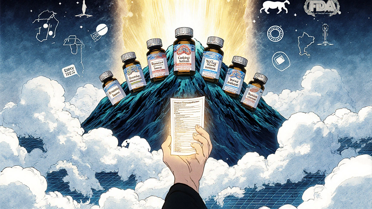 A mountain of error-labeled pill bottles rises toward the sky, a hand reaches up with a glowing report form.